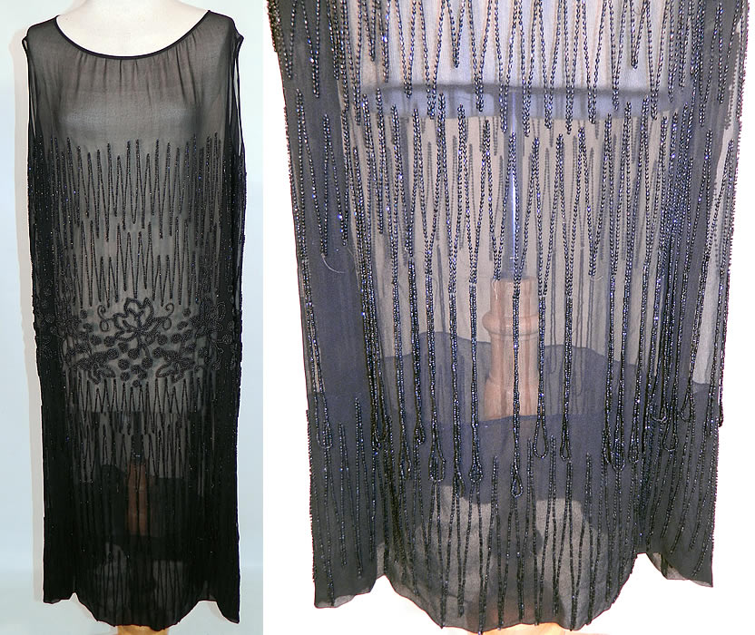 Vintage Art Deco Black Sheer Silk Chiffon Beaded Grape Leaf Flapper Dress. This amazing Art Deco vintage black sheer silk chiffon beaded grape leaf flapper dress dates from the 1920s. It is made of a black sheer silk chiffon fabric, with a black beaded Art Deco zig-zag pattern and grape vine leaf design around the mid section. 