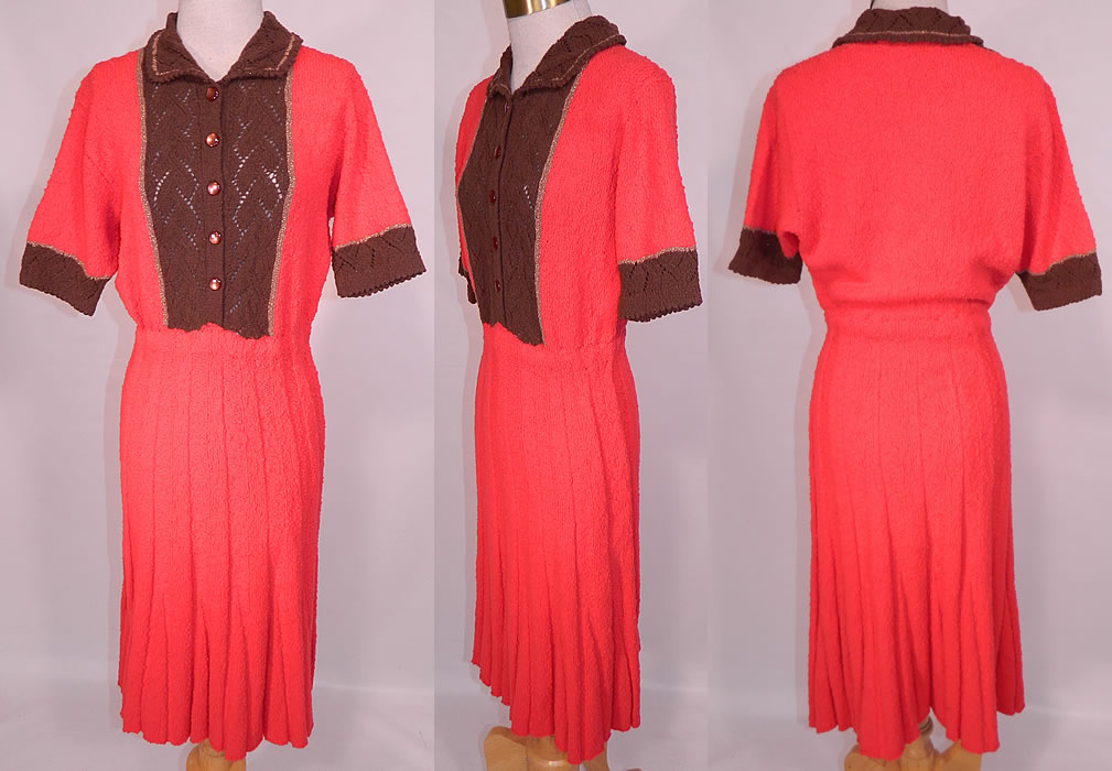 Vintage Coral & Brown Hand Knit Crochet Wool Pleated Skirt Dress. This vintage coral and brown hand knit crochet wool pleated skirt dress dates from the 1960s. It is made of a coral orange and brown hand knit crochet wool, with gold metallic yarn trim woven detailing.