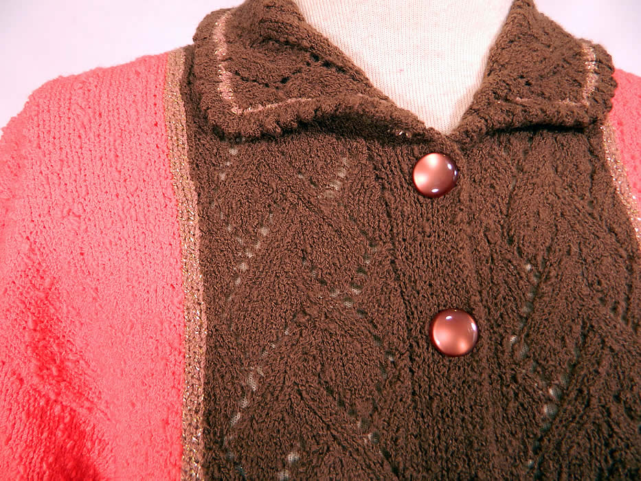 Vintage Coral & Brown Hand Knit Crochet Wool Pleated Skirt Dress. The dress measures 46 inches long, with 34 inch hips, a 24 inch waist and 34 inch bust. It is in excellent condition. This is truly a wonderful piece of hand knit wearable art! 