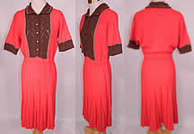 Vintage Coral Orange Gold Brown Hand Knit Crochet Wool Pleated Skirt Dress