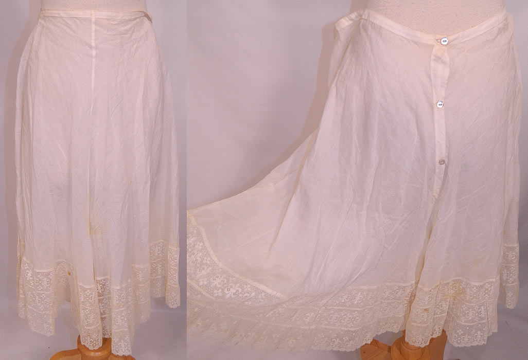 Vintage White Silk Fleur de Lis Lace  Full Slip Dress & Bloomers Pettipants Lingerie. The slip measures 45 inches long, with 44 inch hips, a 36 inch waist and 36 inch bust. Included is a pair of long bloomers pettipants made of a fine white cotton batiste fabric, with lace trim around the full leg cuffs and mother of pearl buttons on the back for closure.