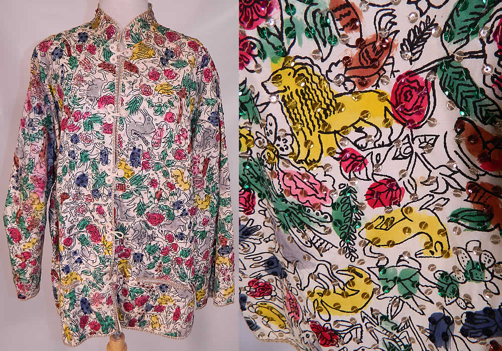 Vintage Teresa Original Taxco Mexican Figural Animals Hand Painted Sequin Jacket. This vintage Teresa Original Taxco Mexican figural animals hand painted sequin jacket dates from the 1950s. It is made of a white cotton fabric, with black outlined figures, animals, plants and colorful hand painted air brushed silk screen designs.