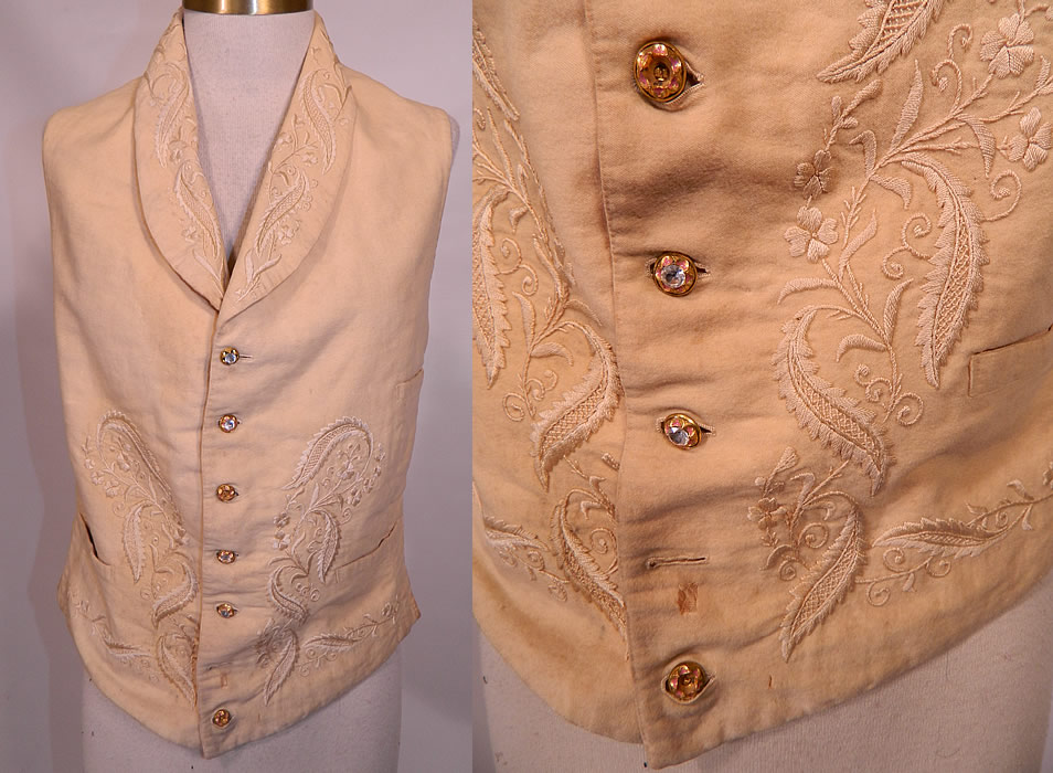 Victorian Gentleman's Cream Wool Embroidered Wedding Waistcoat Vest. This antique Victorian era gentleman's cream wool embroidered wedding waistcoat vest dates from the 1840s.