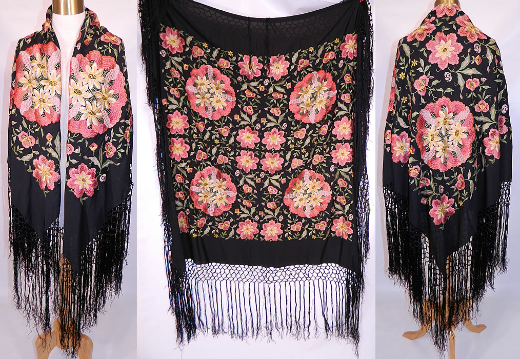 Vintage Black Silk Floral Pastel Embroidered  Flapper Boho Piano Shawl . This vintage black silk floral pastel embroidered flapper boho piano shawl dates from the 1920s. It is made of a black silk fabric, with machine done embroidered colorful pastel flowers, vine leaves and large round floral bouquets. 