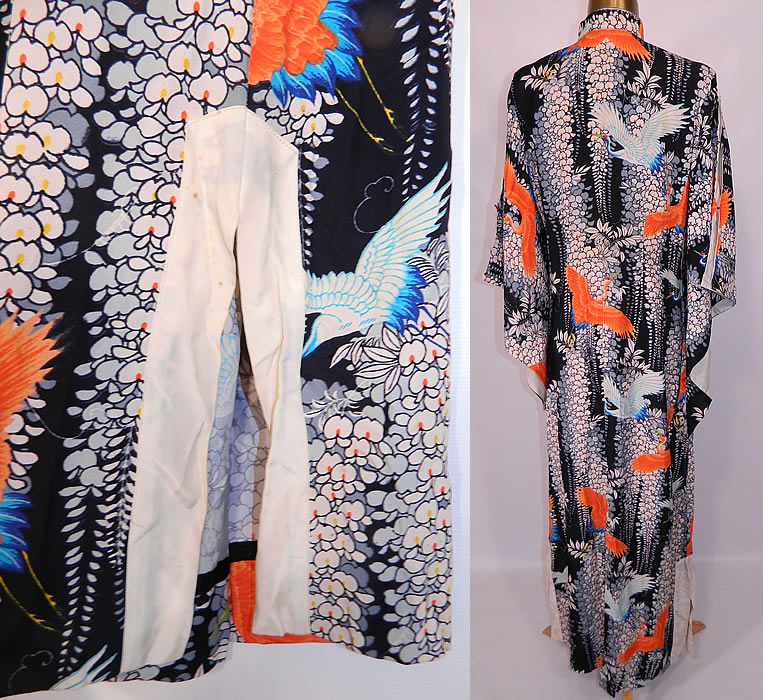 Vintage Lauhala Hawaiian Cranes Print Rayon Pake MuuMuu Dress. It is in good condition, with only a few tiny faint age spot stains on the white trim skirt side slits (see close-up). 