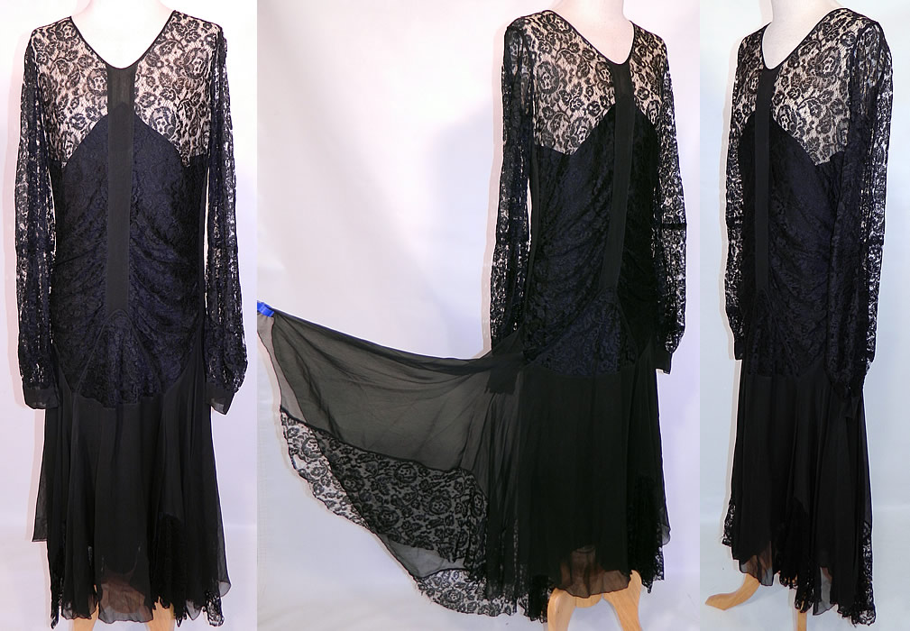 Vintage Black Silk & Lace Handkerchief Skirt Drop Waist Flapper Dress. This vintage black silk and lace handkerchief skirt skirt drop waist flapper dress dates from the 1920s. It is made of a sheer black silk chiffon and floral rose pattern lace net fabric. 