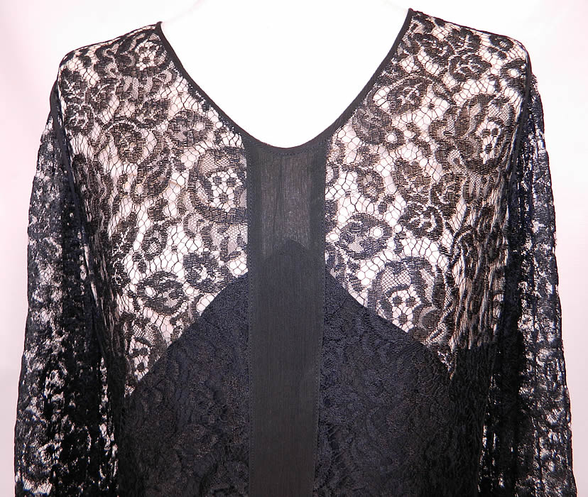 Vintage Black Silk & Lace Handkerchief Skirt Drop Waist Flapper Dress. This fabulous flapper dress has a drop waist, long full uneven handkerchief skirt, long sleeves, ruched gathering along the midsection and is fully lined. 