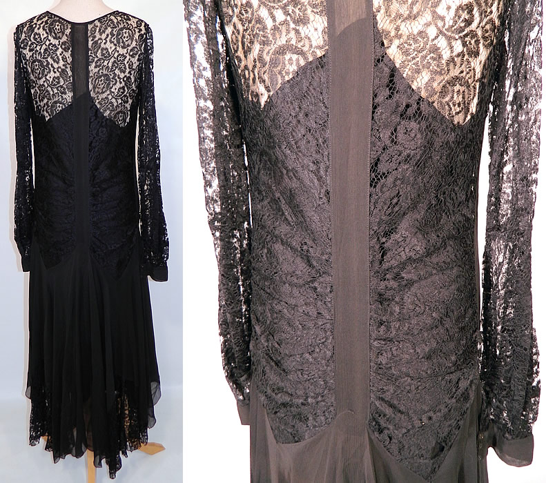 Vintage Black Silk & Lace Handkerchief Skirt Drop Waist Flapper Dress. The dress measures 50 inches long, with 36 inch hips, a 30 inch waist, 36 inch bust and 27 inch long sleeves. It is in good condition. This is truly a wonderful piece of wearable lace textile art!