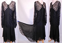 Vintage Black Silk & Lace Handkerchief Skirt Drop Waist Flapper Dress
