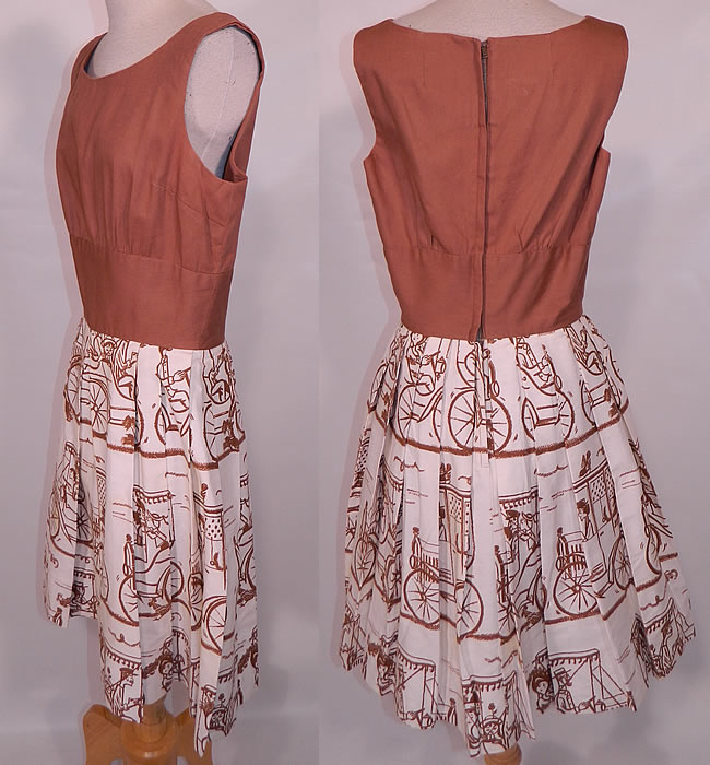 Vintage Joe Barry Model T Car Cat Novelty Print Linen Summer Sun Dress
t is made of a brown and white linen fabric, with a novelty print of Model T old fashioned Tin Lizzie cars, people in period costume, cute cats and dogs designs. 