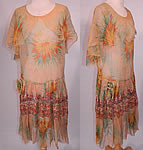 Vintage Yellow Marigold Flower Print Silk Chiffon Lace Skirt Drop Waist Dress.