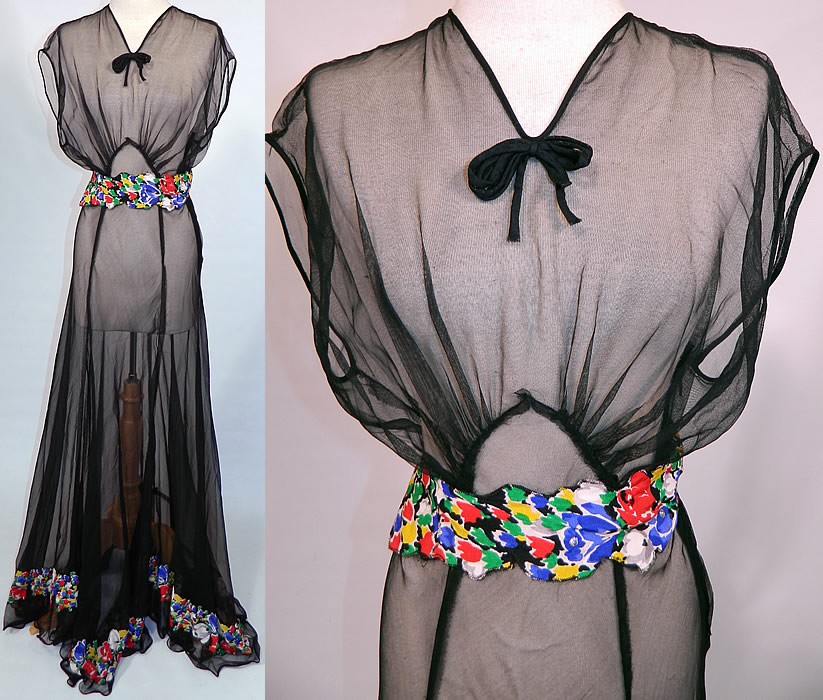 Vintage Sheer Black Chiffon Floral Print Silk Trim Belted Bias Cut Gown Dress. This vintage sheer black chiffon floral print silk trim belted bias cut gown dress dates from the 1940s. It is made of a sheer black silk chiffon fabric, with a bright colorful floral print silk crepe fabric cut out applique trim along the bottom ruffle skirt hem and belted tie sash with rhinestone beaded accents. 