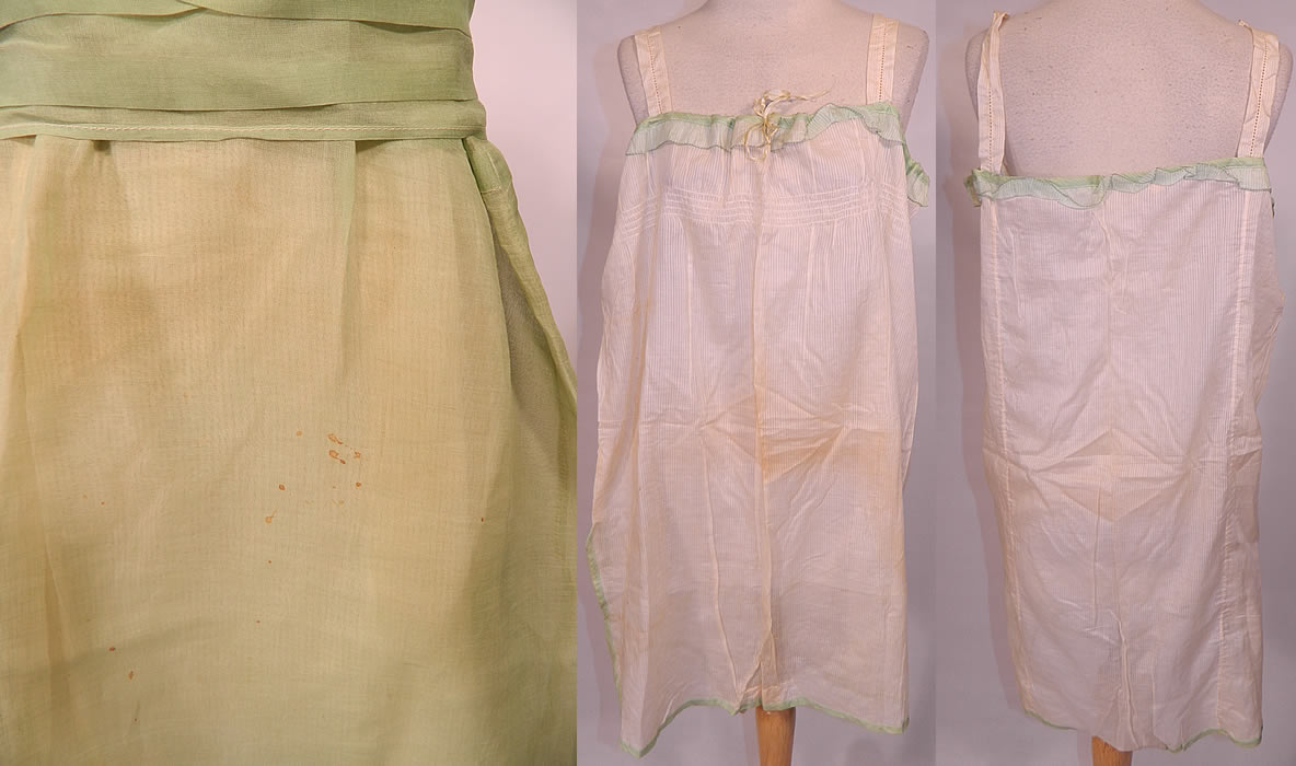 Vintage Mint Green Cotton Organdy Belted Dress & Chemise Teddy Slip. Included is an off white cream color windowpane striped cotton chemise teddy style slip lingerie, with a green ruffle trim drawstring neckline, shoulder straps and cotton crotch. The chemise teddy measures 28 inches long, with 44 inch hips, waist, bust and has a size 42 tag inside. 