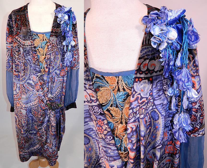 Vintage Embellished Colorful Blue Floral Print Velvet Drop Waist Flapper Dress. This exquisite vintage embellished colorful blue floral print velvet drop waist flapper dress dates from the 1920s. It is made of a colorful, with shades of blue abstract floral print silk velvet fabric.