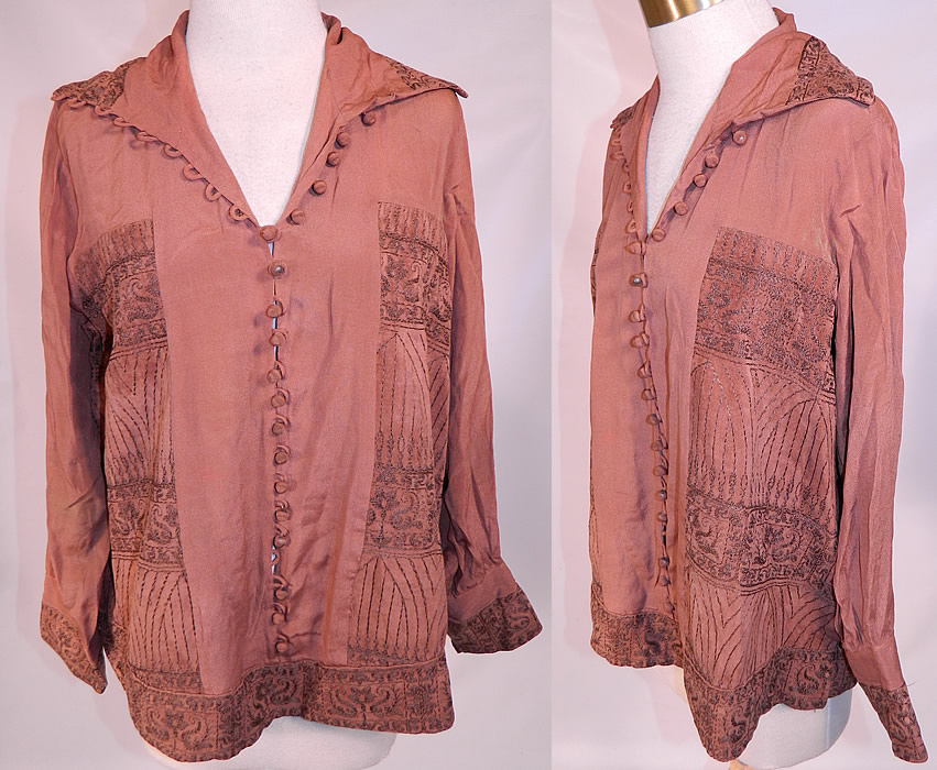 Vintage Art Deco Brown Silk Gold Metallic Embroidered Ethnic Flapper Blouse. This vintage Art Deco brown silk, gold metallic embroidered ethnic flapper blouse dates from the 1920s. It is made of a brown silk crepe de chine fabric, with gold lam&eacute; metallic thread embroidery work done in Art Deco abstract geometric ethnic designs.