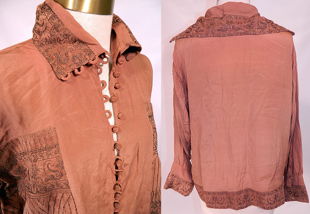 Vintage Art Deco Brown Silk Gold Metallic Embroidered Ethnic Flapper Blouse. This beautiful blouse has a long loose fitting style, with a silk covered button down front closure, fold over collar, long sleeves and a decorative trim waistband. The top measures 22 inches long, with a 40 inch waist, 42 inch bust, 14 inch back and 20 inch long sleeves.