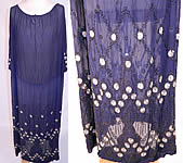 Vintage Art Deco Navy Blue Sheer Silk Chiffon Beaded Polka Dot Flapper Dress
