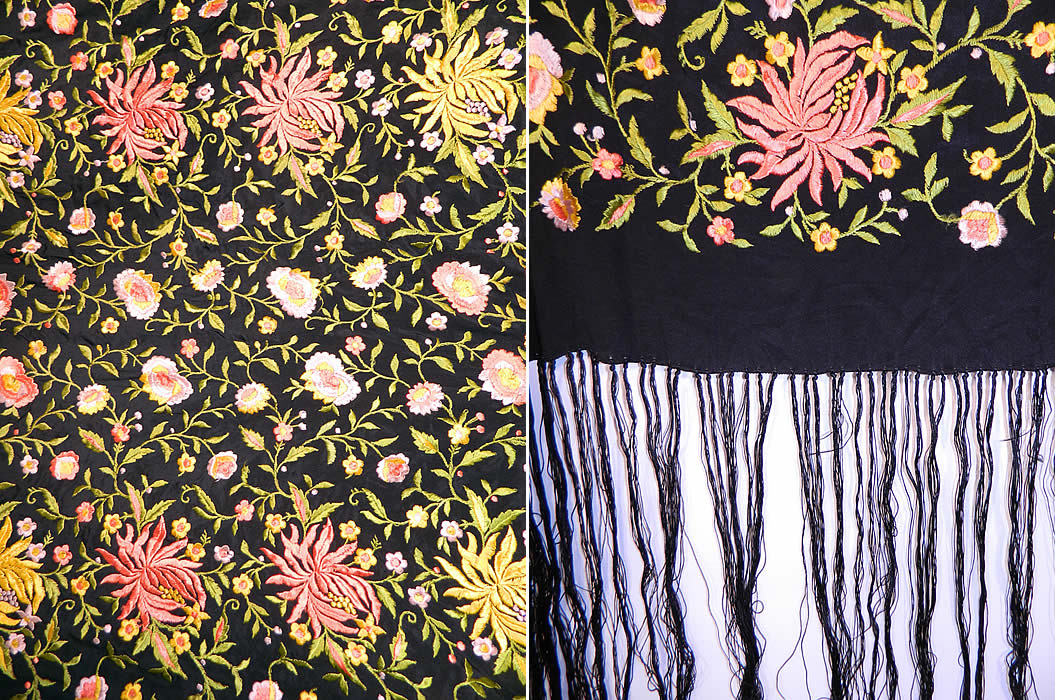 Vintage Black Silk Floral Embroidered Flapper Boho Piano Shawl Scarf. There is a black hand knotted silk fringe which measures 18 inches long surrounding the entire shawl.