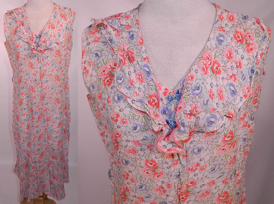 Vintage Lady Letty Distinctive Frocks Floral Print Cotton Day Dress Shift. This vintage Lady Letty Distinctive Frocks floral print cotton day dress dates from the 1920s. It is made of a white cotton fabric background, with a pink and purple flower print pattern design. 