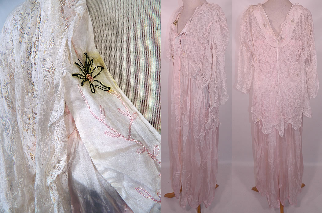 Edwardian Titanic Pink Silk Smocking White Lace Peignoir Negligee Nightgown Robe. The gown measures 56 inches long, with 44 inch hips, a 36 inch waist and 36 inch bust. It is in good condition, with only a few tiny pin holes and some faint discoloration staining on the silk ribbon trim straps (see close-up). This is truly a wonderful piece of fine quality romantic wearable lingerie art! 