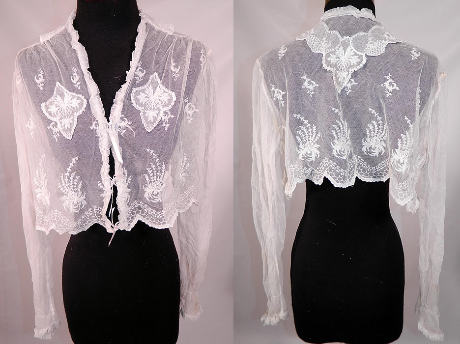 Vintage White Net Tambour Embroidery Lace Blouse Jacket. This vintage white net tambour embroidery lace blouse bolero jacket dates from the 1930s. It is made of a white sheer mesh net, with tambour chain stitch embroidery work lace and grape leaf appliques on the front and back collar.