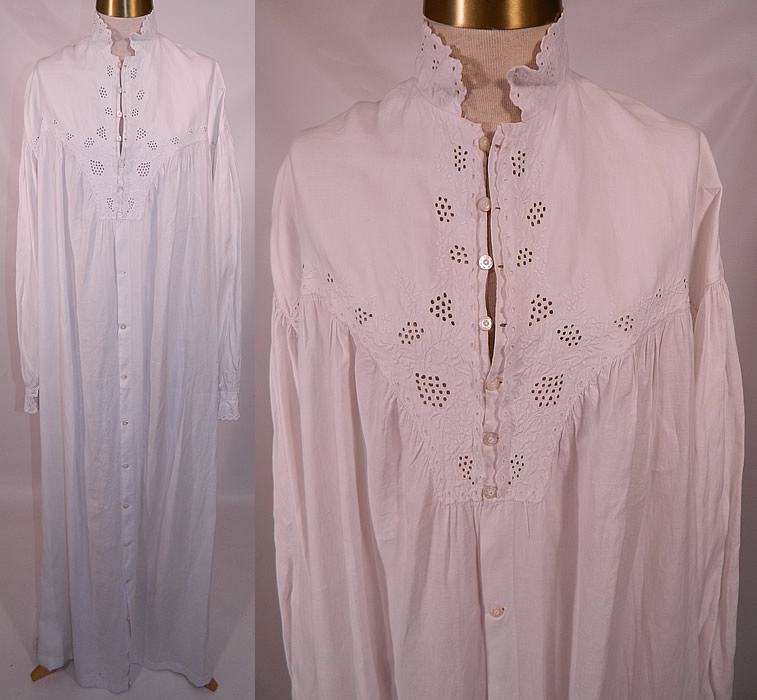 Victorian Broderie Anglaise Eyelet Embroidered Whitework Linen Nightgown Dress. This antique Victorian era broderie anglaise eyelet embroidered whitework linen nightgown dress dates from the late 19th century. It is hand stitched, made of a white fine quality linen fabric with broderie anglaise embroidery eyelet cutwork, whitework, needlework, yoke collar and cuffs. 