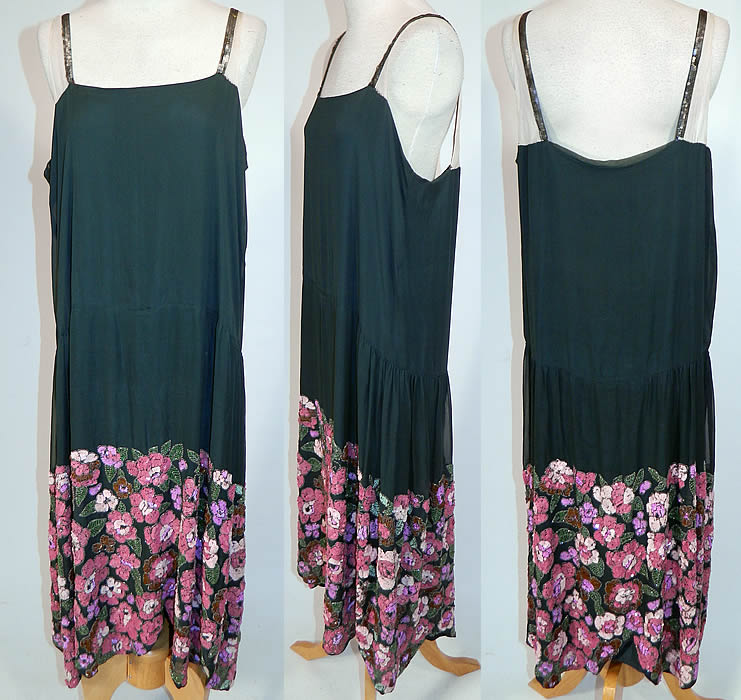 Vintage Green Silk Pink Sequin Beaded Floral Drop Waist Flapper Dress Slip
This vintage green silk pink sequin beaded floral drop waist flapper dress slip dates from the 1920s. This is truly a wonderful piece of Art Deco wearable embroidered textile art which would be great for design!