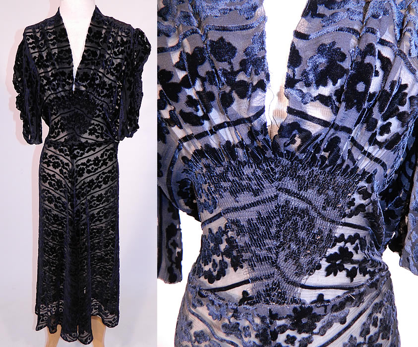 Vintage Black Floral Burnout Voided Velvet Silk Smocking Bias Cut Dress
This vintage black floral burnout voided velvet silk smocking bias cut dress dates from the 1930s. It is made of a sheer black silk voided cut velvet burnout fabric, with a floral daisy vine leaf striped design pattern. 