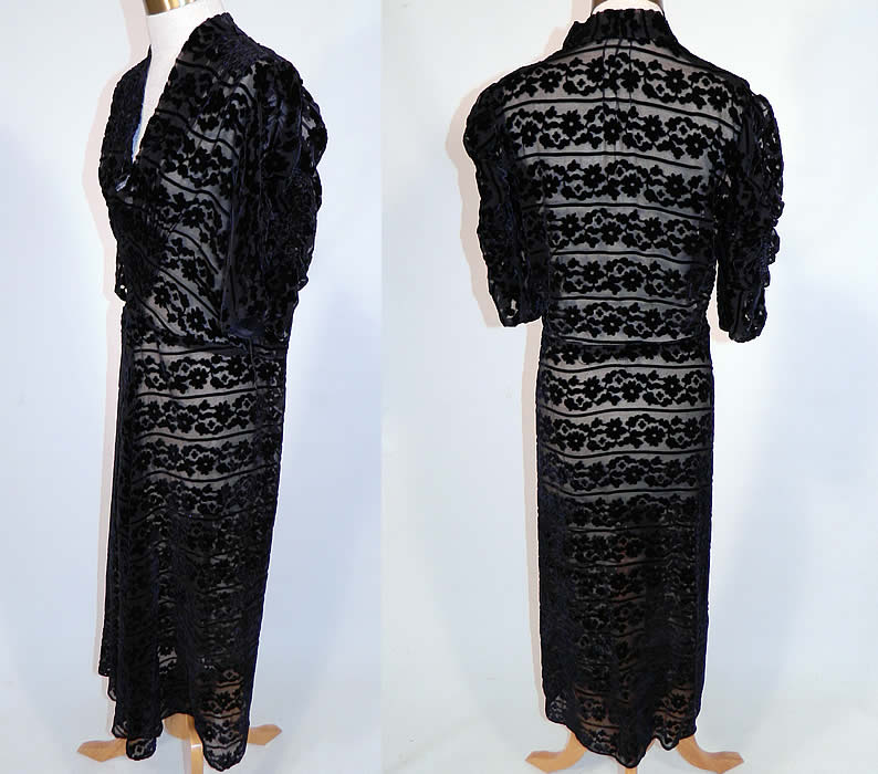 Vintage Black Floral Burnout Voided Velvet Silk Smocking Bias Cut Dress
This beautiful bias cut dress is mid length, with a plunging V front neckline, gathered smocking along the shoulders, short puffy sleeves, smocking on the front waist and is sheer, unlined.