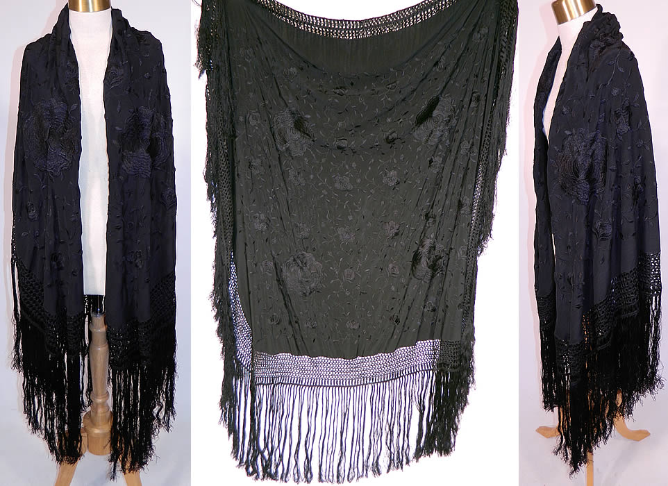 Antique Black Silk Floral Roses Embroidered Canton Piano Shawl
This antique black silk floral roses embroidered Canton piano shawl dates from the 1920s. It is made of a black silk fabric, with black silk raised padded satin stitch embroidery work floral rose vine leaf pattern designs.