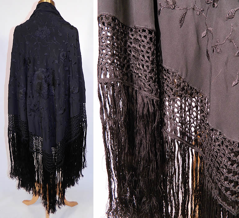 Antique Black Silk Floral Roses Embroidered Canton Piano Shawl
This beautiful black Spanish Flamenco style Bohemian shawl has hand knotted macram&eacute; black silk fringe which measures 19 inches long surrounding the entire shawl with rounded corners. 