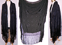 Antique Black Silk Floral Roses Embroidered Canton Piano Shawl
