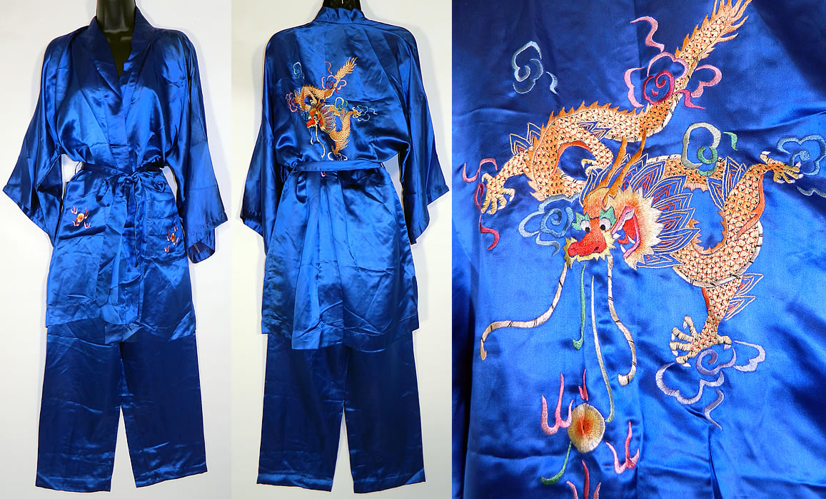 Vintage Peacock Blue Silk Hand Embroidered Chinese Dragon Pajamas Robe Pants
This vintage Peacock blue silk hand embroidered Chinese dragon pajamas robe, pants dates from the 1950s. It is made of a royal blue color silk fabric, with silk raised padded satin stitch hand embroidery work of dragons and flaming fire pearls. 