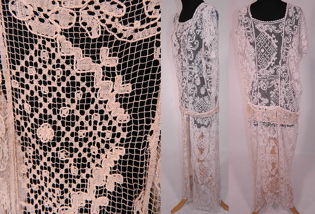 Vintage Cream Crochet Filet Lace Belted Drop Waist Maxi Dress. The dress is a large size measuring 58 inches long, with 40 inch hips, a 40 inch waist and 42 inch bust. It is in good condition, but has not been cleaned, with only a few faint small stains on the front top. This is truly a wonderful piece of wearable lace art!