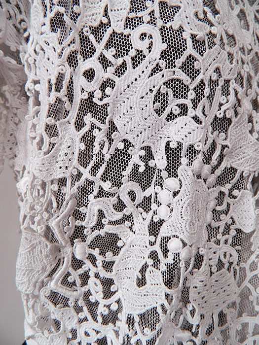 Edwardian White Needle Point Lace Figural Animal Insect Bird Blouse. 
This is truly a rare, unique and exquisite piece of antique textile lace wearable art! 