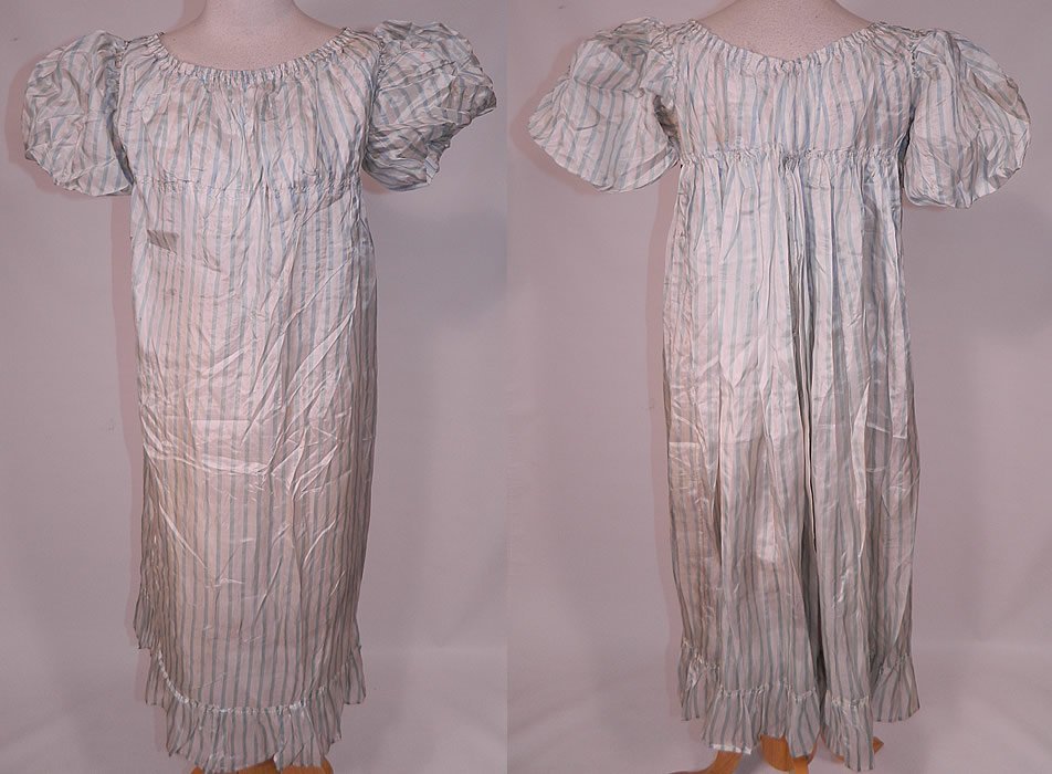 Antique Georgian Regency Era Blue & White Stripe Silk Puff Sleeve Girls Dress
This antique Regency Georgian era blue and white stripe silk puff sleeve girls dress dates from 1810-1820. 