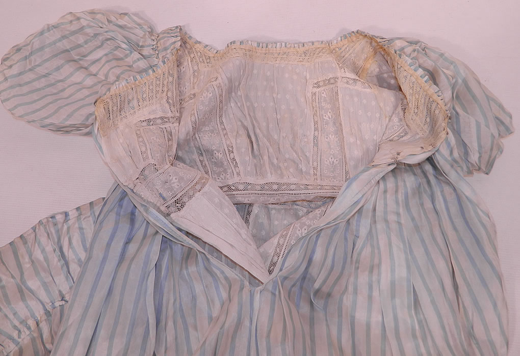 Antique Georgian Regency Era Blue & White Stripe Silk Puff Sleeve Girls Dress
This is truly a rare and early piece of Georgian era textile art! 