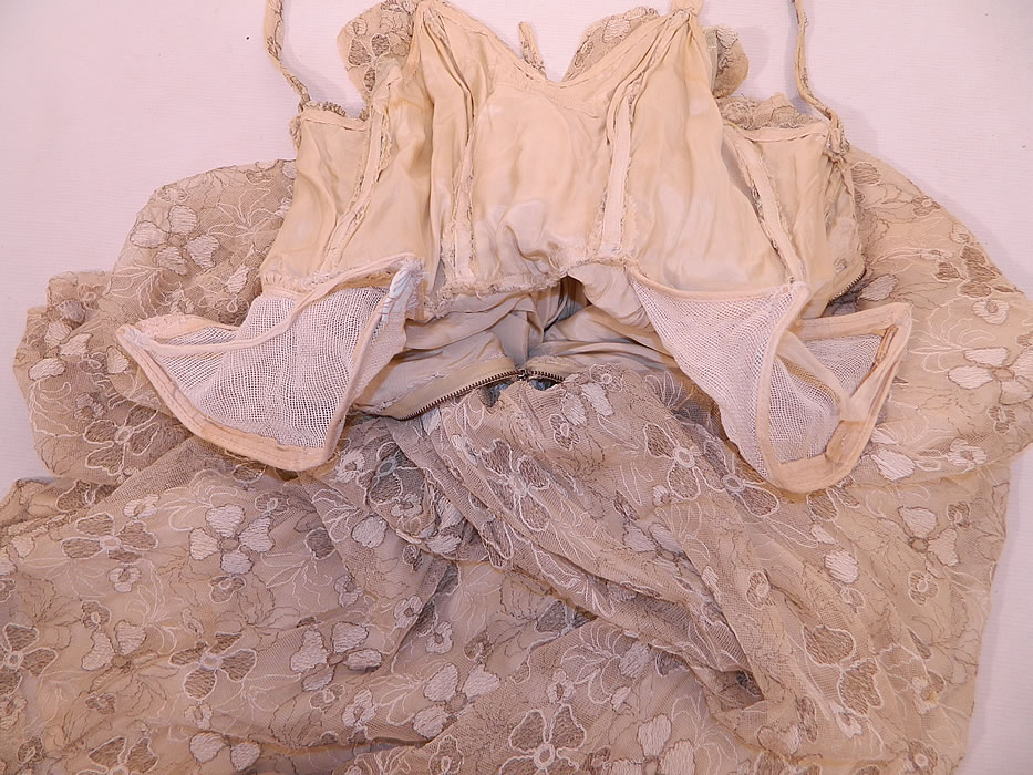 Vintage White Net Gold Lam&eacute; Lame Embroidered Pannier Peplum Skirt Gown Dress
The dress measures 52 inches long, with a 24 inch waist and 36 inch bust. It is in good condition, but has not been cleaned and has faint underarm stain discoloration. This is truly a wonderful piece of wearable textile art! 