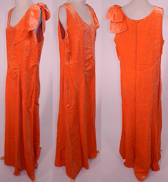 Vintage Orange Silk Velvet Bias Cut Evening Gown Dress
The dress is a large size measuring 59 inches long, with 40 inch hips, a 34 inch waist and 38 inch bust. It is in excellent condition. This is truly a gorgeous quality made piece of Art Deco wearable art! 