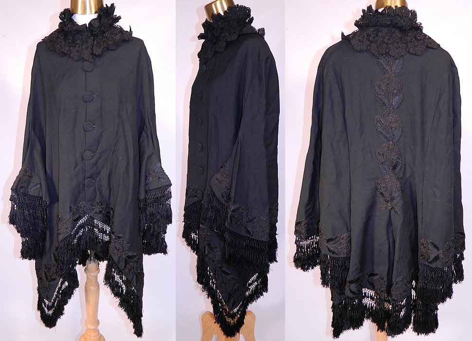 Victorian Black Wool Soutache Embroidered Winter Dolman Mantle Coat Cape
This antique Victorian era black wool soutache embroidered winter dolman mantle coat cape dates from 1880. It is made of a black wool fabric, with black silk soutache embroidery work braided rope and chenille trim flowers along the bottom, sleeves and down the back.