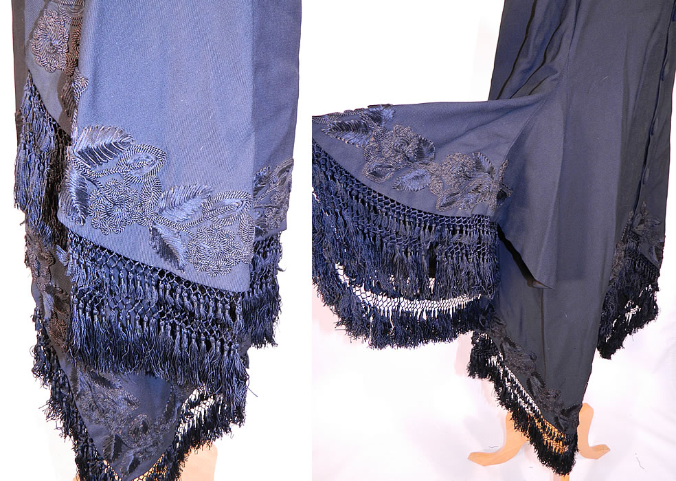 Victorian Black Wool Soutache Embroidered Winter Dolman Mantle Coat Cape
There are two rows of black silk hand knotted fringe trim edging along the bottom. This magnificent winter dolman mantle style coat cape has a black chantilly lace trim ruffle neck collar, set in sleeves with wide flared cuffs, large wool covered buttons down the front for closure and is unlined. 