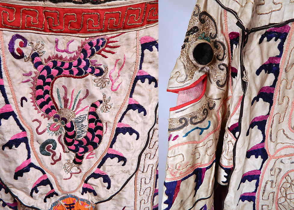 Antique Chinese Dragon Silk Embroidered Peking Opera Warrior Robe
It is made of an off white silk fabric, with colorful raised padded satin stitch hand embroidery work and gold metallic couching work. 