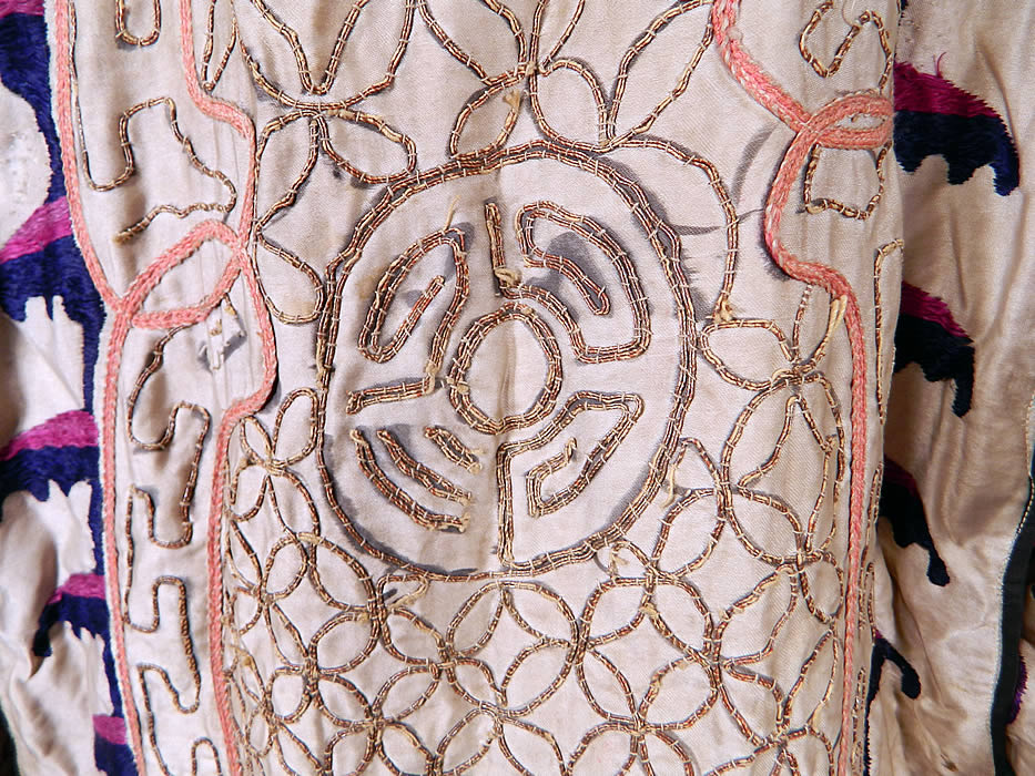 Antique Chinese Dragon Silk Embroidered Peking Opera Warrior Robe
The robe measures 54 inches long, with 11 inches wide at the top, 16 inches wide at the bottom and has 26 inch long sleeves. It is in good condition, but has not been cleaned, with some soiling, dirt, discoloration, color bleed and black ink stains (see close-ups). This is truly a wonderful unique piece of antique Chinese textile art! 