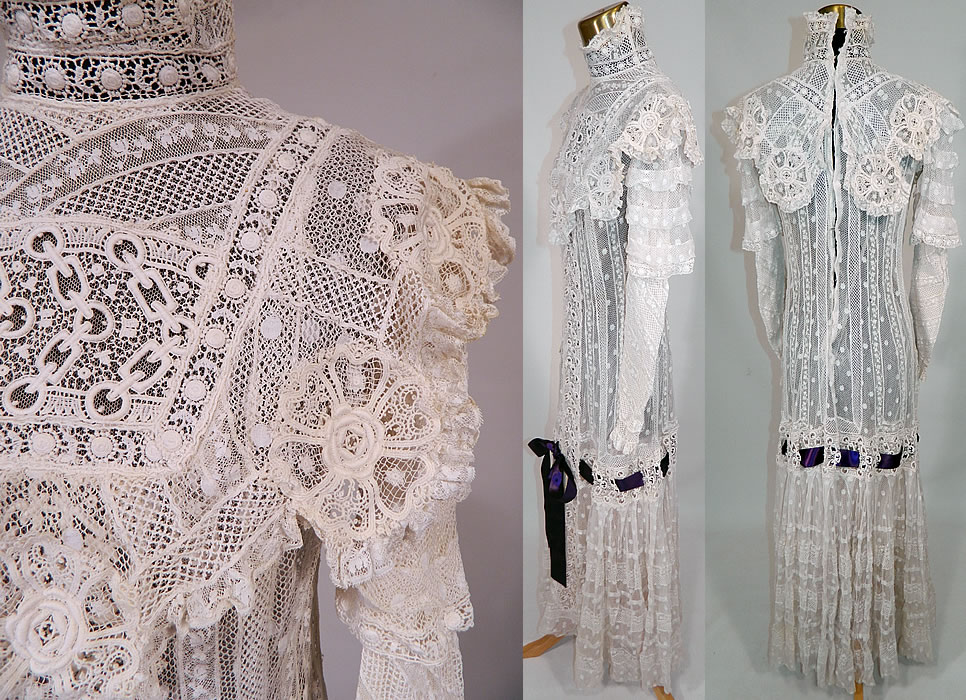 Edwardian Belle Epoque White Mixed Lace Purple Ribbon Skirt Wedding Gown Dress
The dress measures 57 inches long, with 40 inch hips, a 30 inch waist, 36 inch bust, 13 inch back and 24 inch long sleeves. 