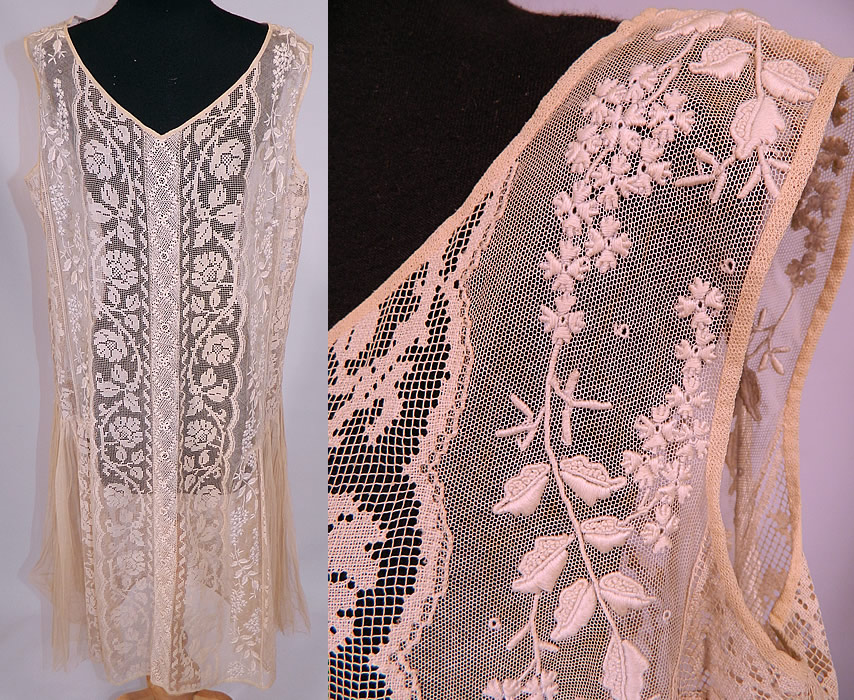 Vintage Embroidered French Knot Net Irish Crochet Filet Lace Chemise Drop Waist Dress
This vintage embroidered French knot net Irish crochet filet lace chemise drop waist dress dates from the 1920s. 