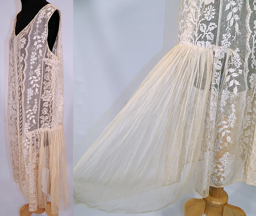 Vintage Embroidered French Knot Net Irish Crochet Filet Lace Chemise Drop Waist Dress
This lovely lace chemise shift style drop waist dress is loose fitting, sleeveless, with a V front neckline, gathered flared sheer net side skirt panels and is sheernecause it is unlined. 