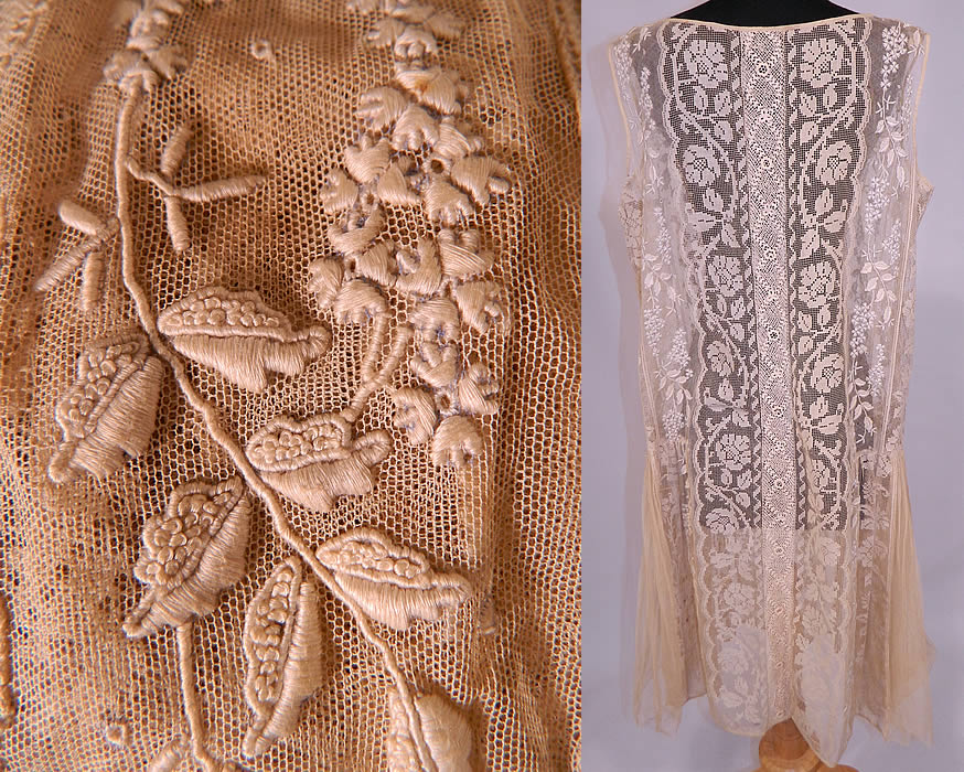 Vintage Embroidered French Knot Net Irish Crochet Filet Lace Chemise Drop Waist Dress
The dress measures 41 inches long, with 42 inch hips, a 40 inch waist and 40 inch bust. It is in good condition. This is truly an amazingly beautiful piece of wearable lace art! 