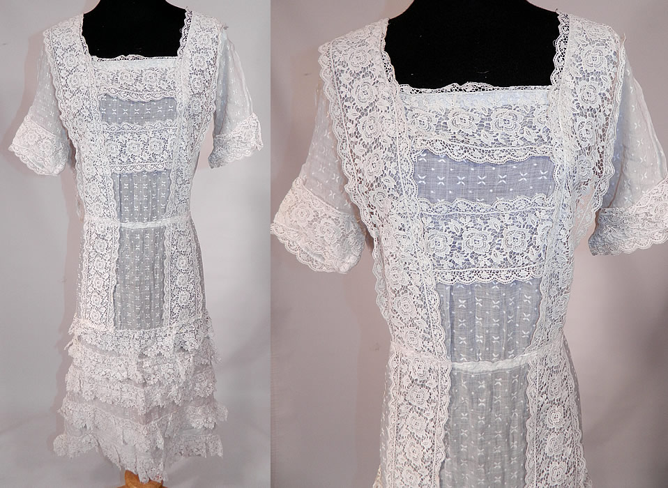Vintage White Cotton Batiste Embroidered Polka Dot Lace Trim Dress
This vintage white cotton batiste embroidered polka dot lace trim dress dates from the 1920s. It is made of a sheer white cotton batiste fabric with white embroidered polka dots, X designs and floral pattern lace trim.