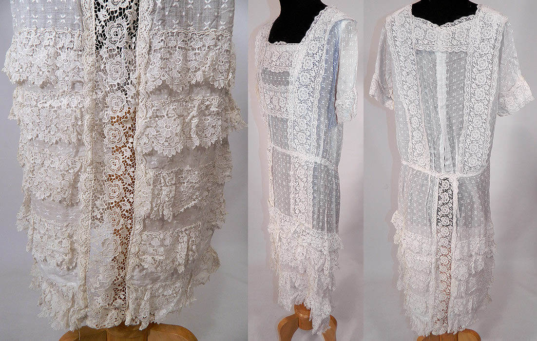 Vintage White Cotton Batiste Embroidered Polka Dot Lace Trim Dress
The dress measures 42 inches long, with 36 inch hips, a 32 inch waist, 38 inch bust and 14 inch back. It is in good condition. This is truly a wonderful, sweet, charming piece of wearable lace art! 