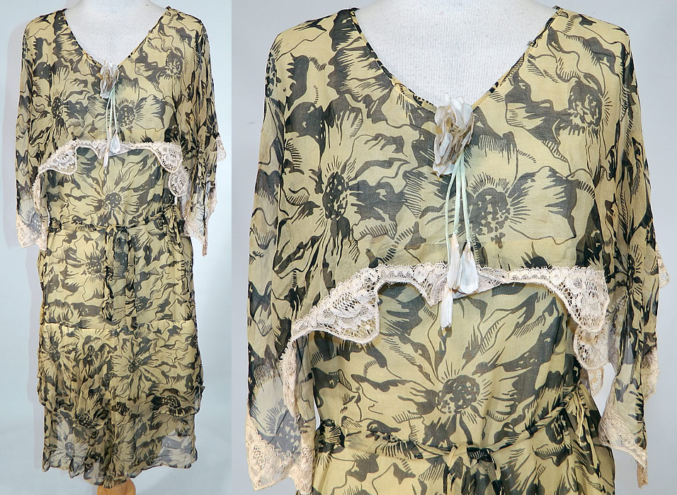 Vintage Yellow & Black Floral Print Silk Chiffon Shawl Collar Belted Dress
This vintage yellow and black floral print silk chiffon shawl collar belted dress dates from the 1920s. It is made of a yellow and black floral sunflower print sheer silk chiffon fabric, with white lace scalloped trim edging the capelet collar and white silk flower trim at the neckline.